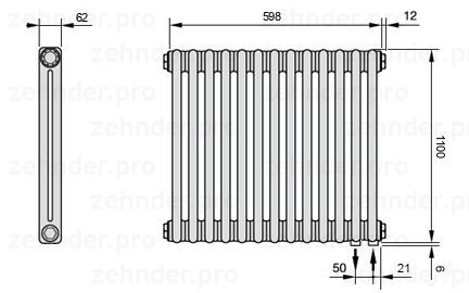 Схема (чертеж) Радиатор Zehnder Charleston 2110/13 №5510 Белый глянцевый RAL 9016